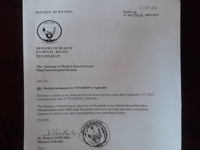 Ibaruwa ya Minisiteri y'ubuzima yemerera Twahirwa Aphrodis kuzamuvuriza mu Buhinde
