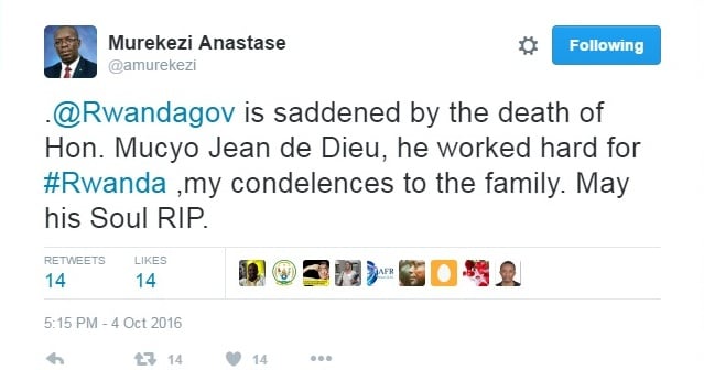 Minisitiri w'Intebe abinyujije ku rubuga rwe rwa Twitter yihanganishije umuryango wa Nyakwigendera Senateri Mucyo