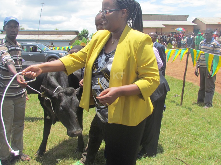 Minisitiri w'ubuhinzi n'ubworozi Mukeshimana Geraldine ashyikiriza inka bamwe mu bazihawe.