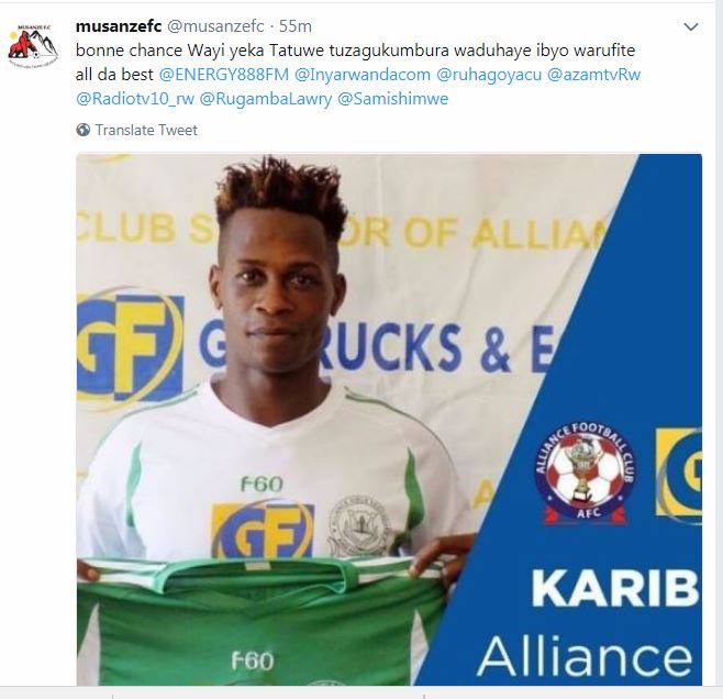 Ikipe ya Musanze yahoze akinira yamwifurije amahirwe ibinyujije ku rubuga rwa Twitter