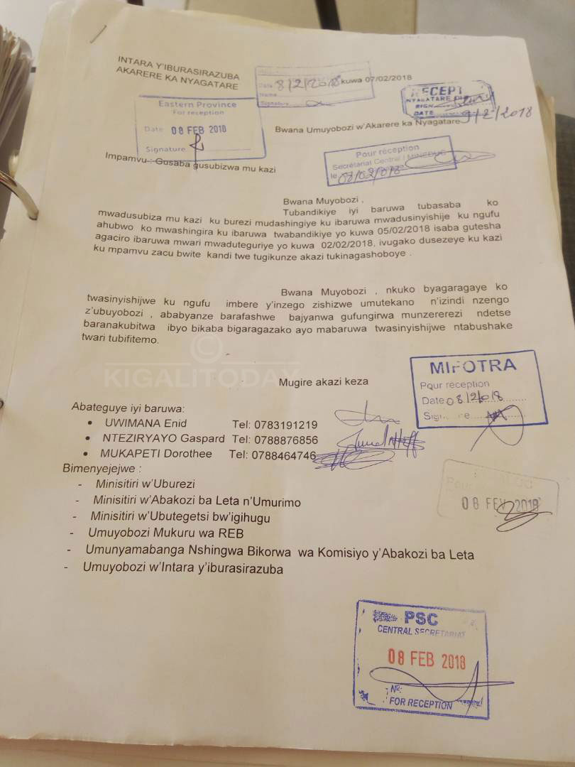 Ibaruwa bandikiye ubuyobozi bw'Akarere babusaba kubarenganura bakabasubiza ku kazi