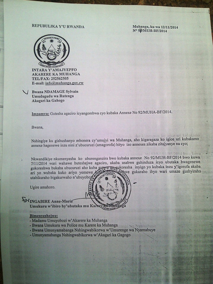 Nyuma y'iminsi itanu Ndamage ngo yandikiwe asabwa guhagarika kubaka ariko iyi baruwa ntayemera.
