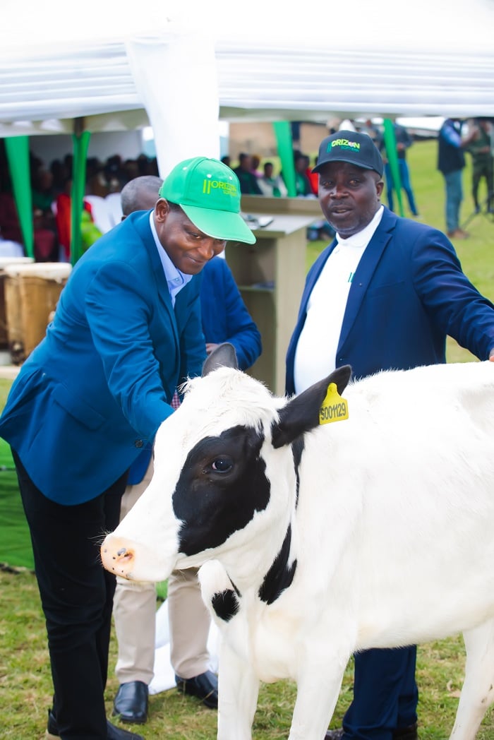 Perezida wa Koperative KOAIKA, Munyandekwe Jean de Dieu (wambaye ishati y'umweru) na we ari mu bahinzi babaye indashyikirwa. Arimo guhabwa inka na Bizimungu Gabriel, Umuyobozi wa HORIZON SOPYRWA