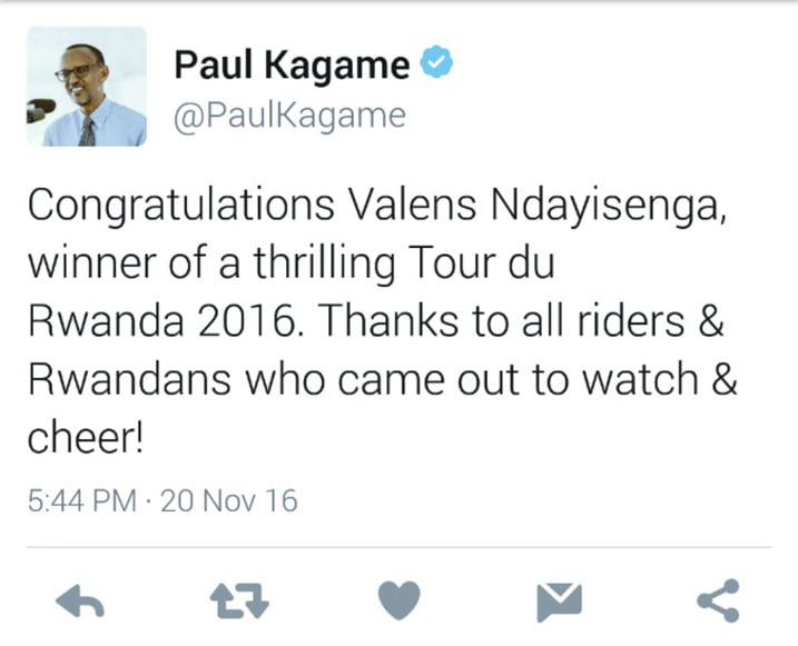 Ubutumwa bwa Perezida Kagame ashimira Valens Ndayisenga, abakinnyi ndetse n'abanyarwanda muri rusange