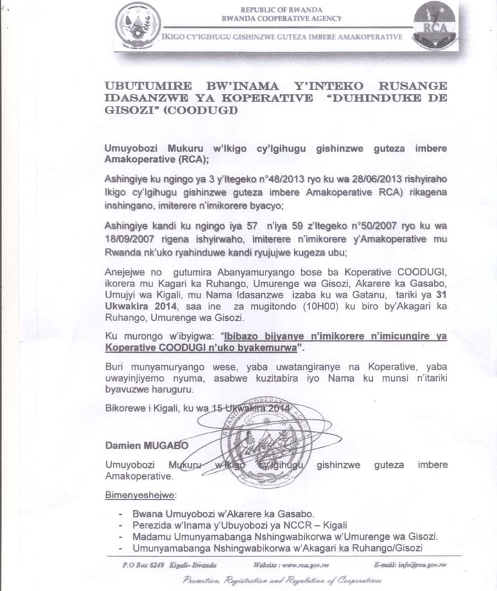 Nyuma yuko abirukanwe muri COODUGI batabarije RCA, Murorunkwere Xavera yahagaritswe ku buyobozi bwa COODUGI hanatumizwa inama y'inteko rusange.