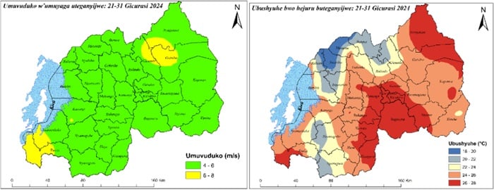 Ibara ry'umuhondo ku ikarita, rirerekana umuyaga uteganyijwe