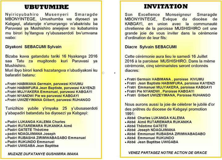 Ubutumire burimo bwo kwizihiza Yubile y'abapadiri harimo na ba padiri Emmanuel Rukundo na Joseph Ndagijimana bafungiye Jenoside, Msgr Samalagde Mbonyintege ntiyemerera ko ari ubwa Kiliziya Gatorika.