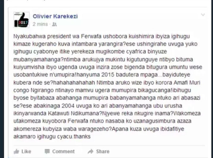 Ubutumwa bwa Olivier Karekezi
