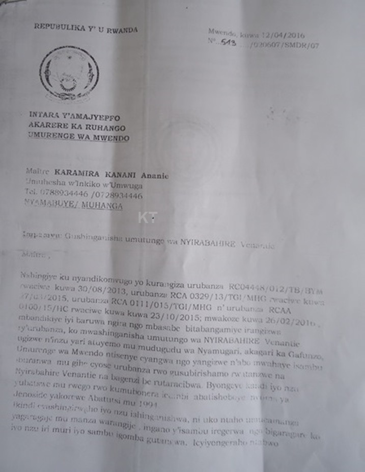 Umunyamabanga Nshingwabikorwa w'Umurenge wa Mwendo mu Karere ka Ruhango, yandikiye Umuhesha w'Inkiko w'Umwuga warangije urubanza , amusaba gushinganisha imitungo ya Nyirabahire irimo inzu atuyemo kugira ngo idasenywa cyangwa indi mitungo ye ikangizwa mu gihe bategereje gusubirishamo urubanza, ariko ntibyahawe agaciro.