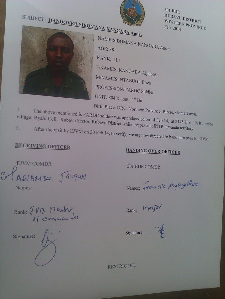 Urupapuro rugaragaza ko u Rwanda rwasubije umusirikare wa Congo sous-lieutenant Sibomana Andre Kangaba wafatiwe mu Rwanda.