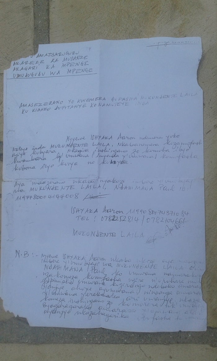 Urwandiko Shyaka yasinyiye imbere y'ubuyobozi bw'umudugudu wa Mpenge yemera ko yateye uwo mukobwa inda kandi ko azamufasha
