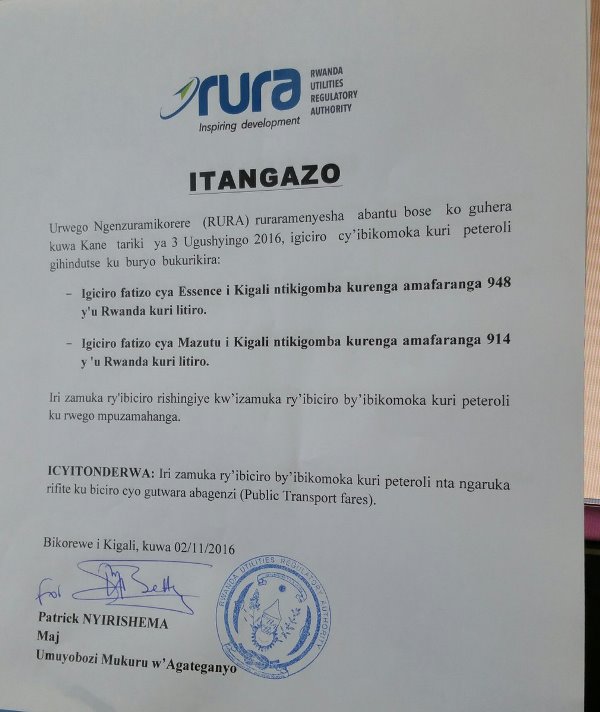 iri tangazo ryashyizweho umukono na Maj Patrick Nyirishema Umuyobozi w