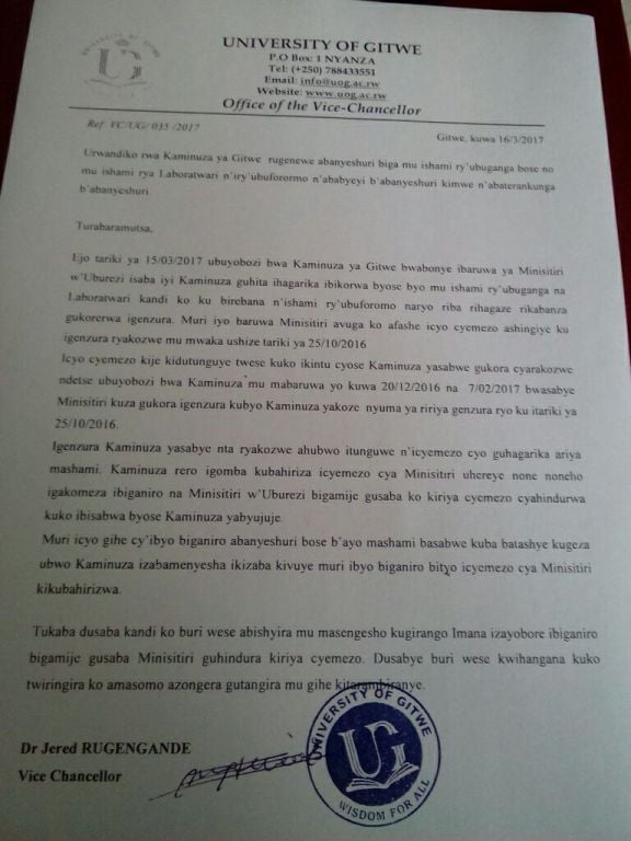 Ibaruwa ubuyobozi bwa Kaminuza ya Gitwe bwashyize ahagaragara rivuga ku bijyanye n'ihagarikwa ry'ishami ry'ubuganga 
