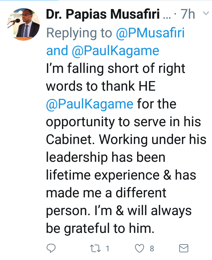 Abinyujije ku rubuga rwa Twitter Dr Musafiri yashimiye Perezida Kagame igihe bamaze bakorana