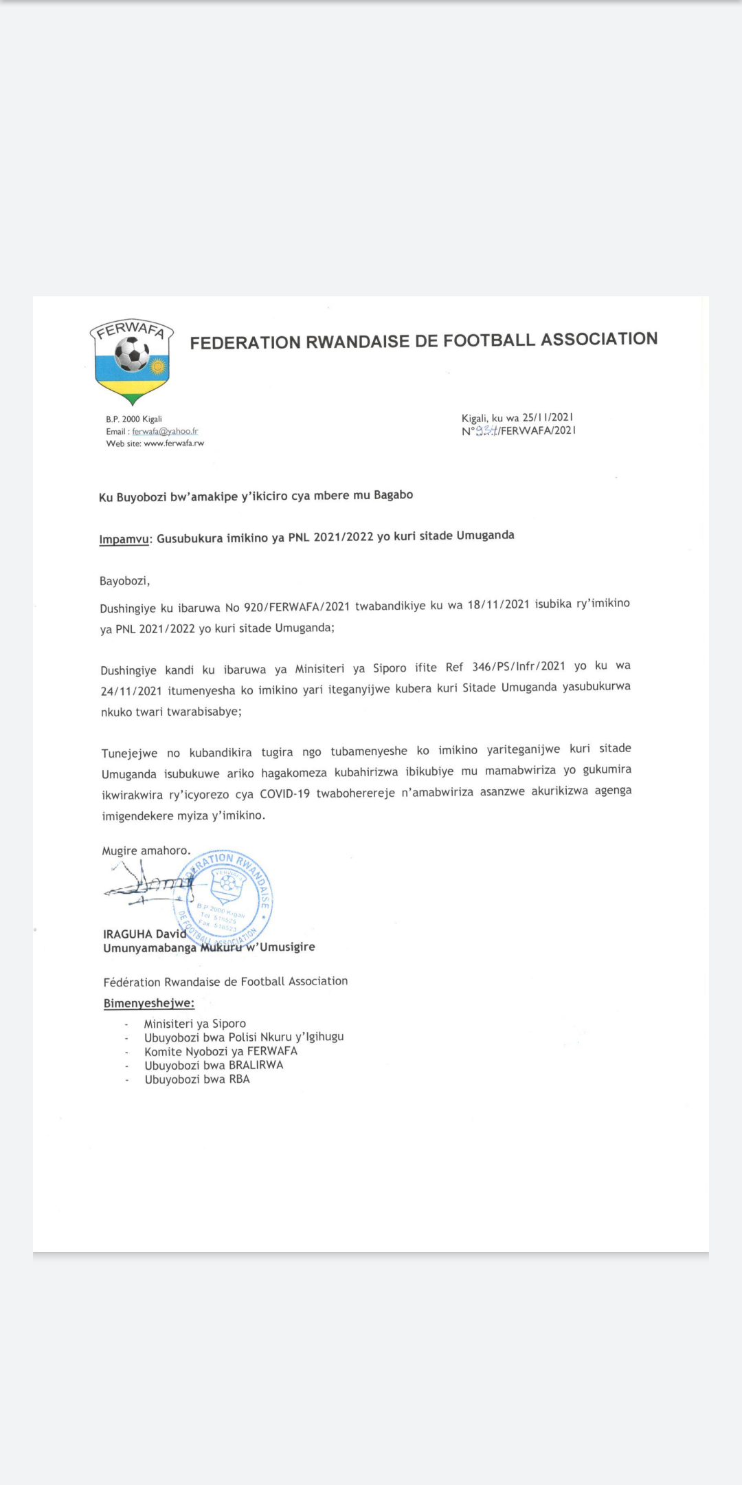 Ibaruwa ya Ferwafa
